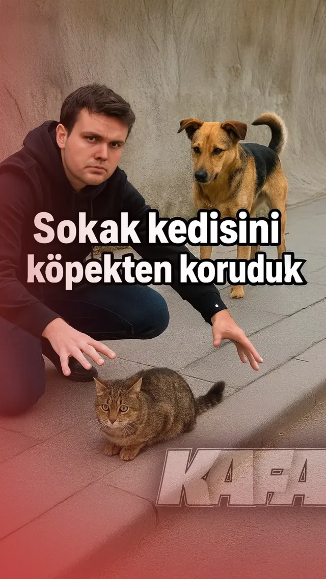 Sokak kedisini köpekten koruduk